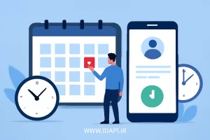 تصویر مفهومی از سیستم نوبت‌دهی آنلاین و تقویم دیجیتال که کاربر در حال رزرو نوبت از طریق موبایل و لپ‌تاپ است