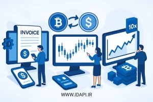 تصویر مفهومی از پلتفرم‌های رمزارزی شامل سیستم فاکتور دلاری، صرافی خرید و فروش ارز دیجیتال و معاملات حرفه‌ای با لوریج در محیطی دیجیتال و مدرن.