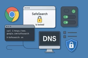 نمایی مفهومی از صفحه تنظیمات SafeSearch گوگل، قفل دیجیتال روی DNS و آیکون امنیت در محیطی مدرن با تم آبی
